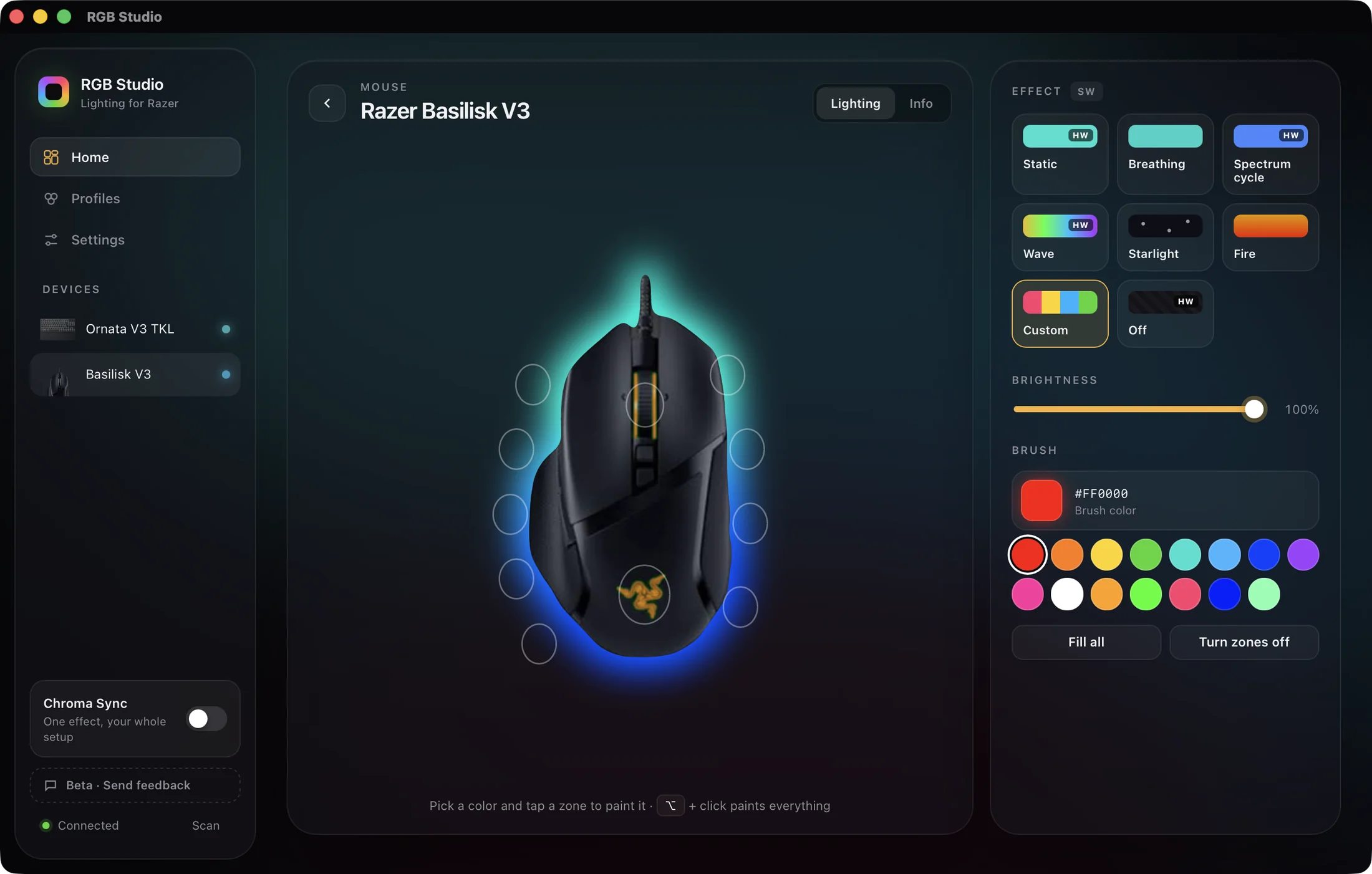 A Razer Basilisk V3 in RGB Studio with its live underglow and paintable zones